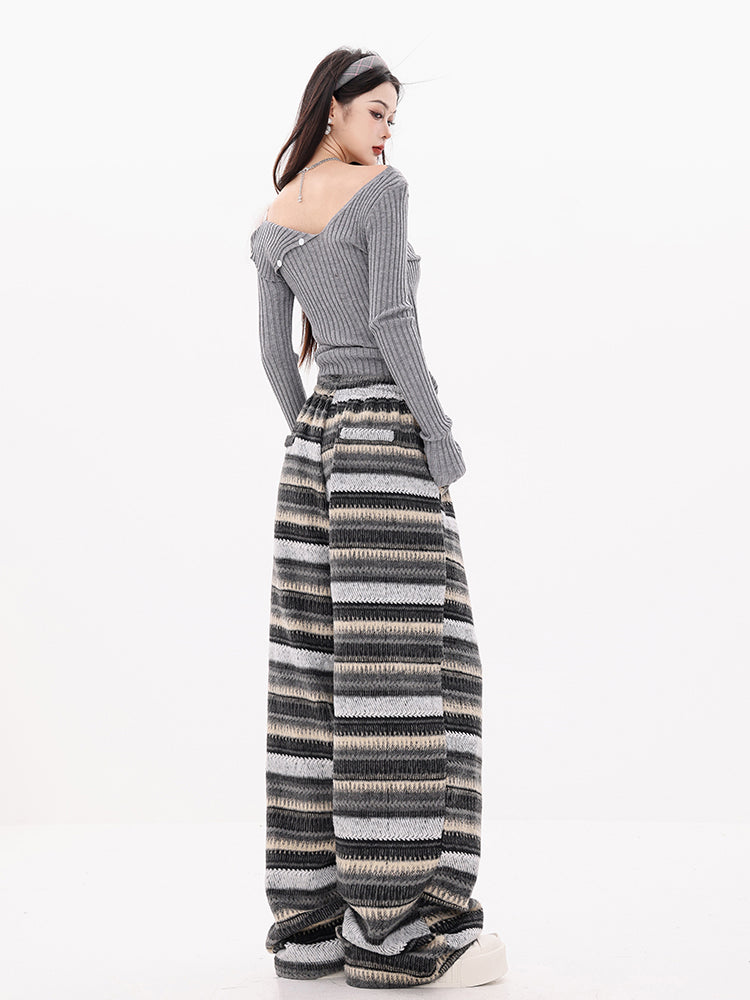 Striped Thickened Woolen Wide-Leg Pants