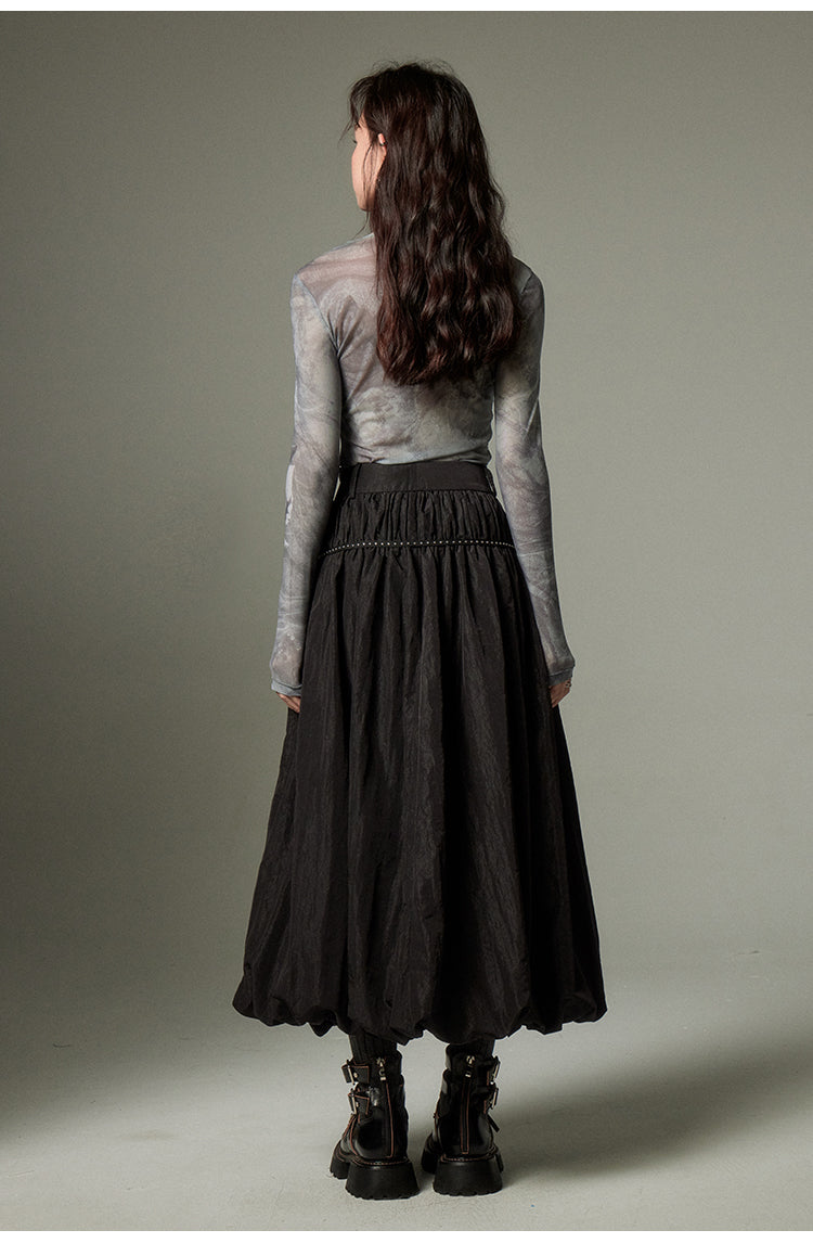 Puffy bud-shaped skirt solid color rivet black a-line skirt long skirt