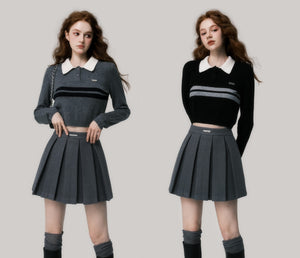 College style polo collar wool sweater cropped sweater contrast color design