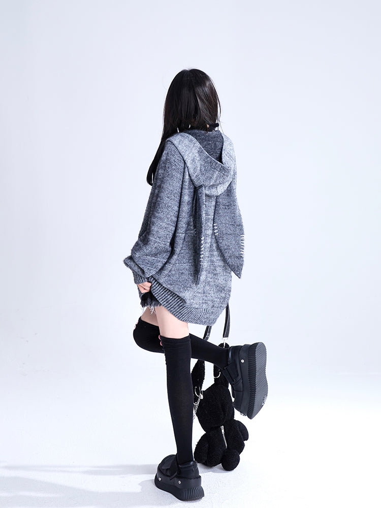 Loose Casual Knitted Grey Rabbit Ear Hoodie