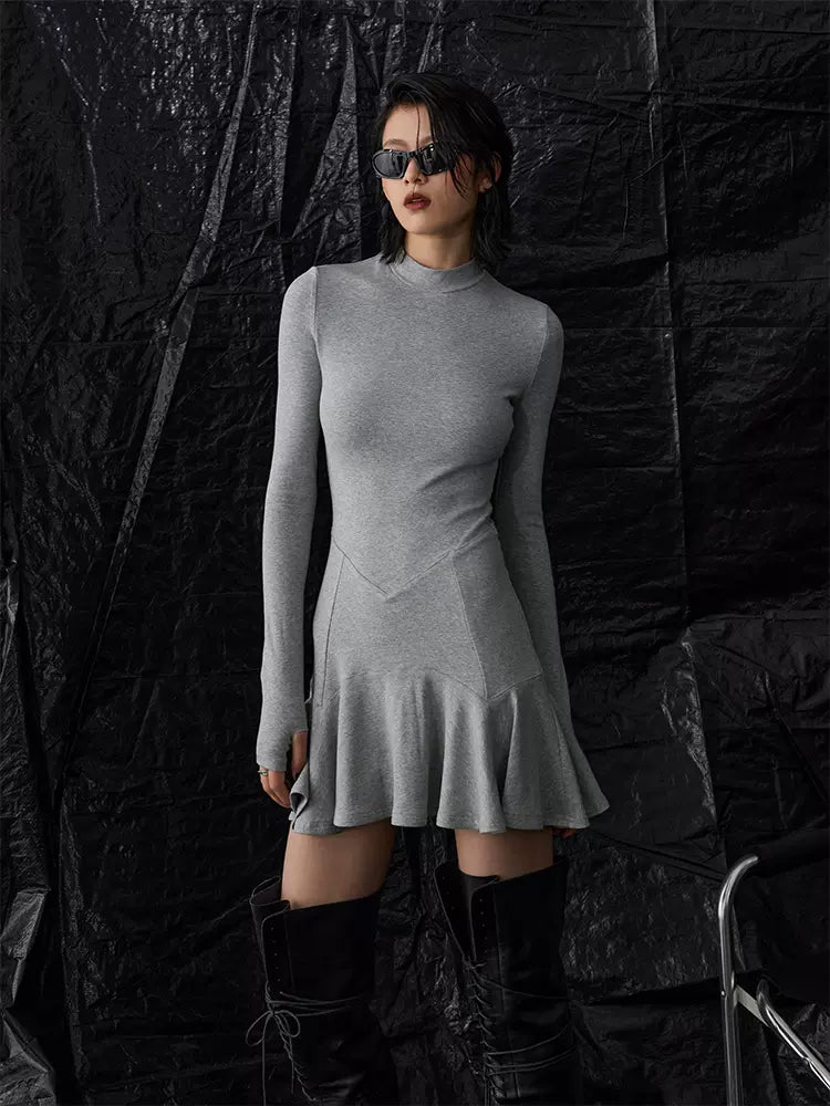 High collar long sleeve ruffle dress