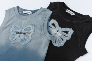 Gradient Washed Butterfly Applique Embroidered Vest