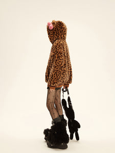 Leopard print teddy bear hooded Coat