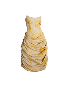 Pleated retro tie-dye print backless strapless dress