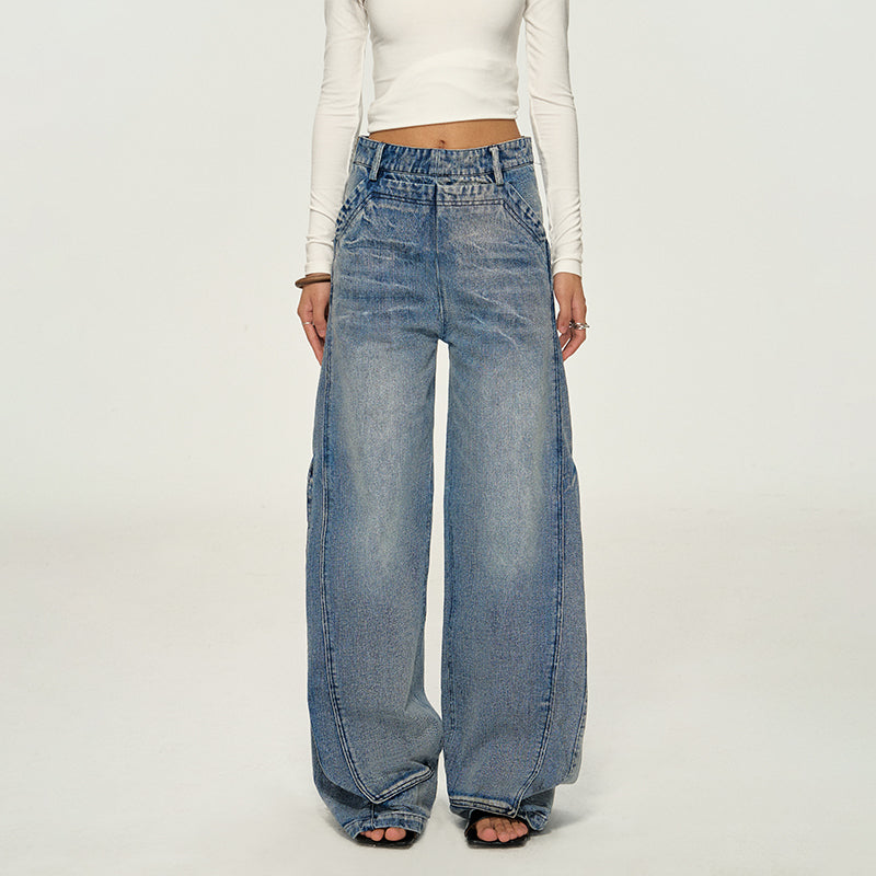 Light blue washed vintage curved denim jeans