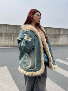Vintage Quilted Patchwork Fur Collar Denim Jacket