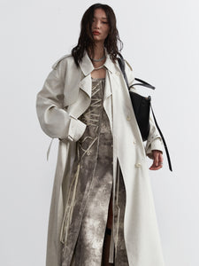 Unisex Long Trench Coat with Lace-up Details