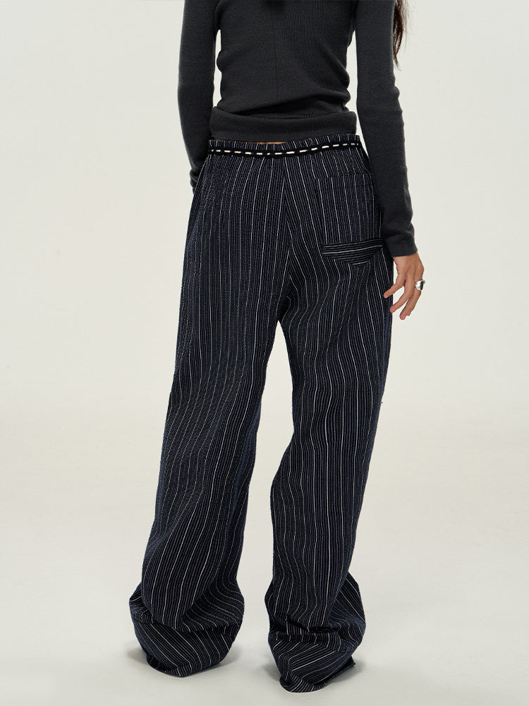 Navy Stripe Vintage Puff Sleeve Wide-Leg Trousers