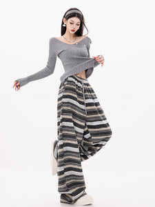 Striped Thickened Woolen Wide-Leg Pants