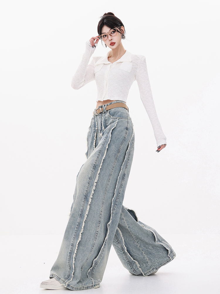 Straight-Leg Floor-Length Frayed Hem Wide-Leg Jeans