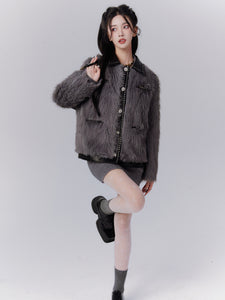 Grey Heavy Plush Fur Jacket