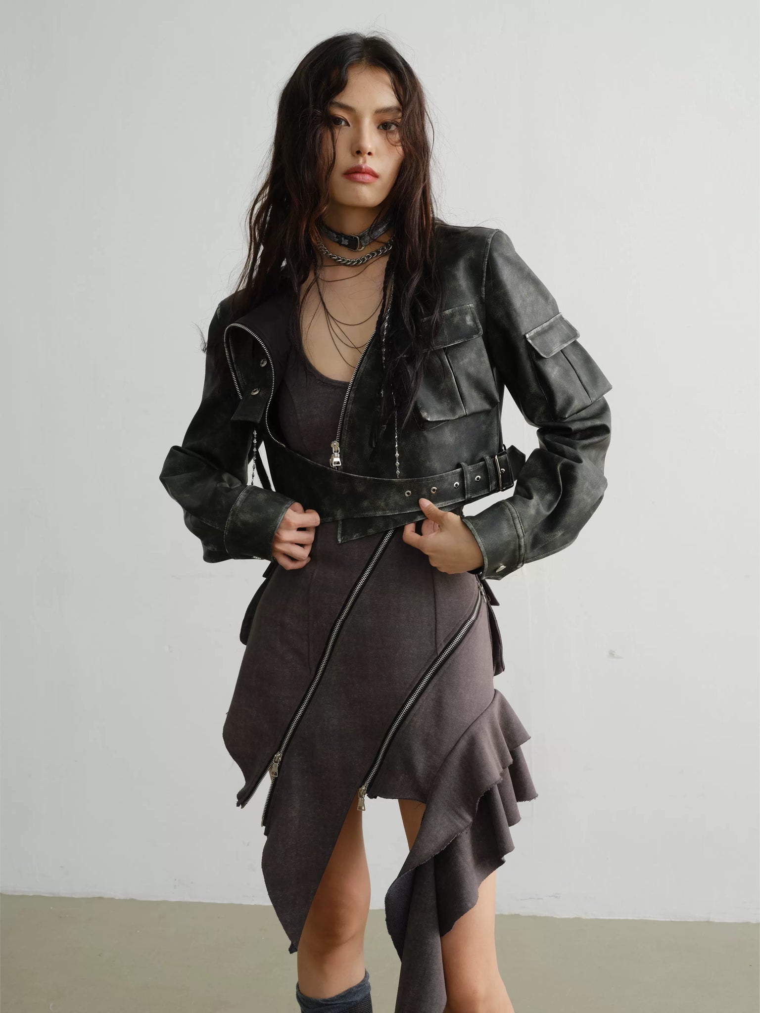 Irregular zipper decorated ruffled washed suspender skirt