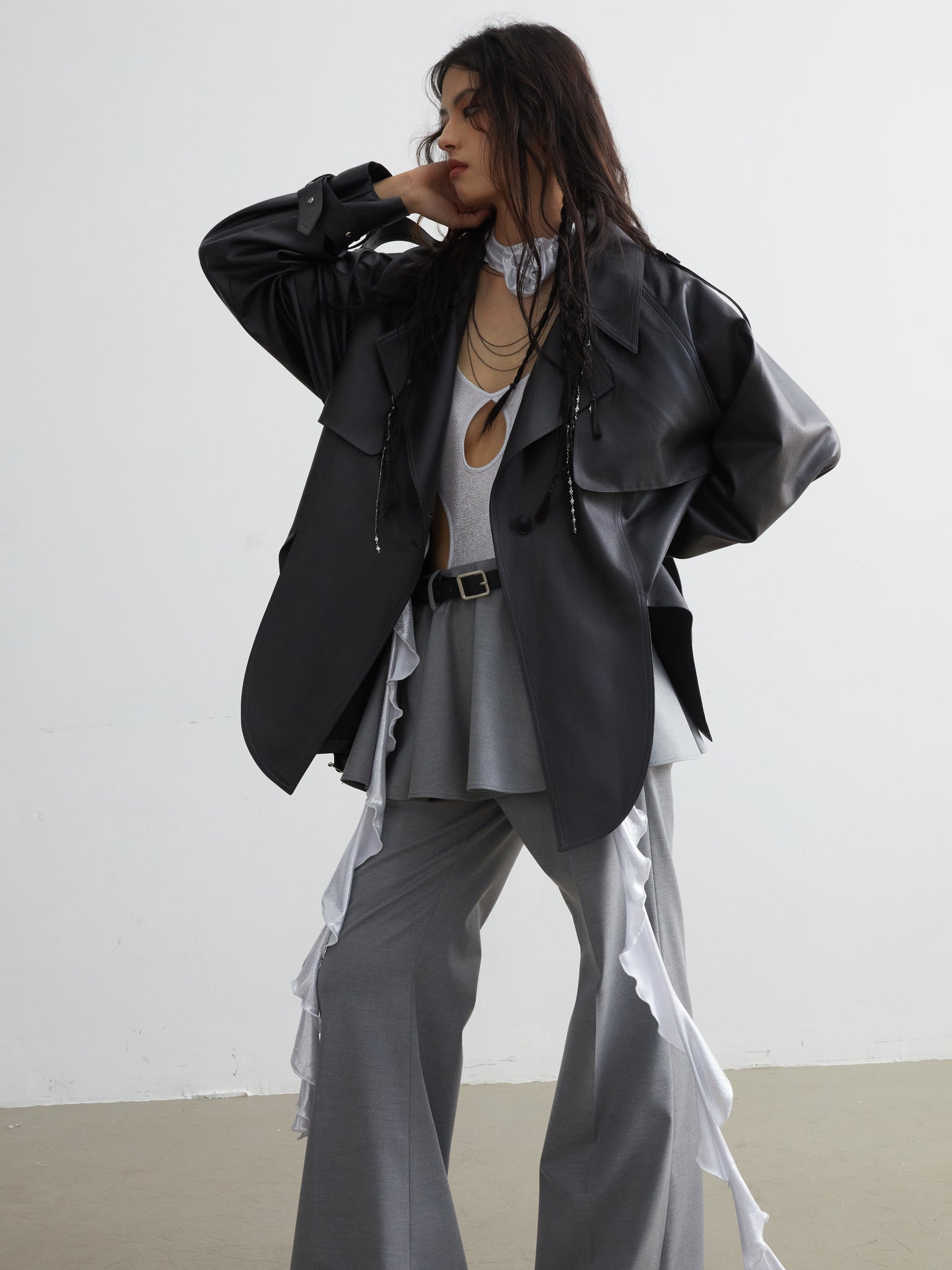 PU Leather Hem Slit Short Jacket Windbreaker