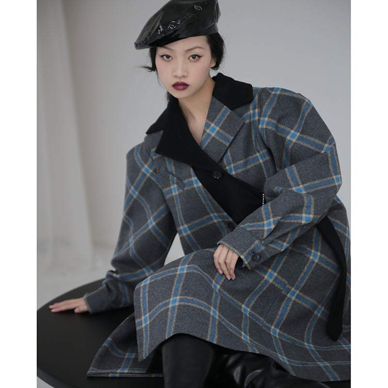 Deconstructed Contrasting Silhouette Wool Plaid Coat