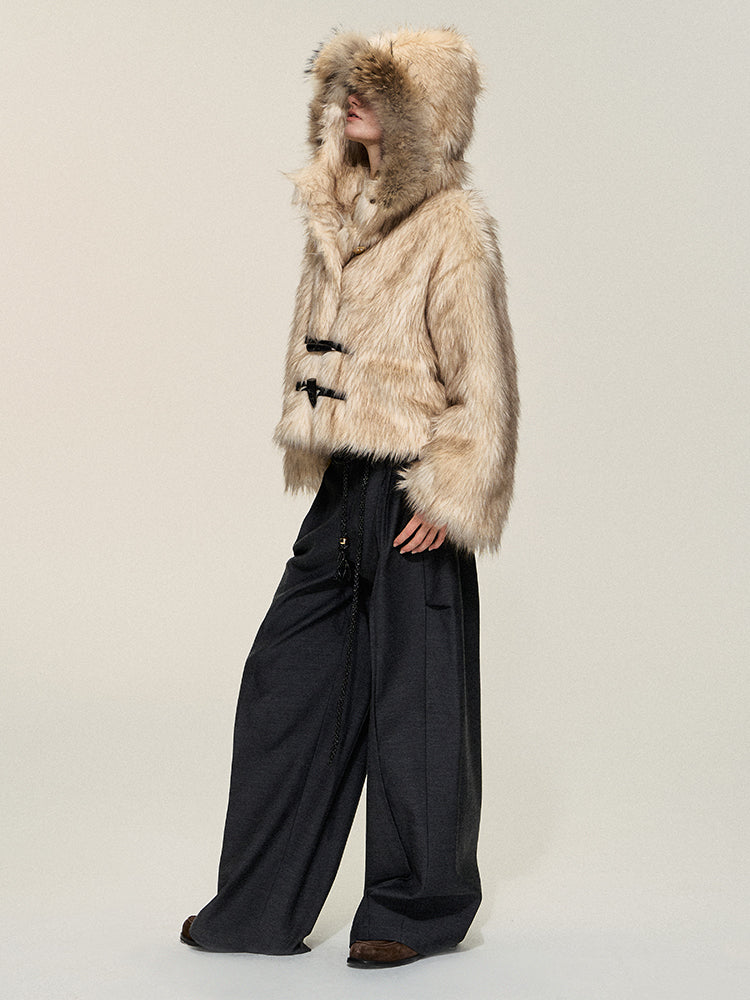 Classic Beige Dyed Fox Fur Collar Hooded Coat