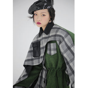 Deconstructed Plaid Wool Coat with Detachable Cape