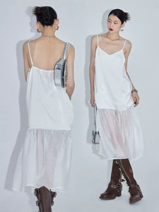 V-neck suspender stitching micro-sheer dress