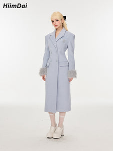 Woolen hourglass waist cinching double-sided long coat