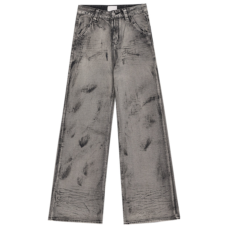 Vintage Wasteland-Style Tie-Dye Wide-Leg Fleece-Lined Jeans