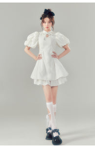 New Chinese cheongsam white fairy dress niche puff sleeve high waist short skirt