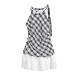 Lace panelled halterneck check dress