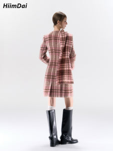 Pink plaid hourglass coat with wool scarf collar