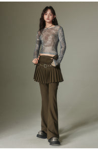 Layered retro style niche fake two-piece pleated skirt pants high waist micro flared pants