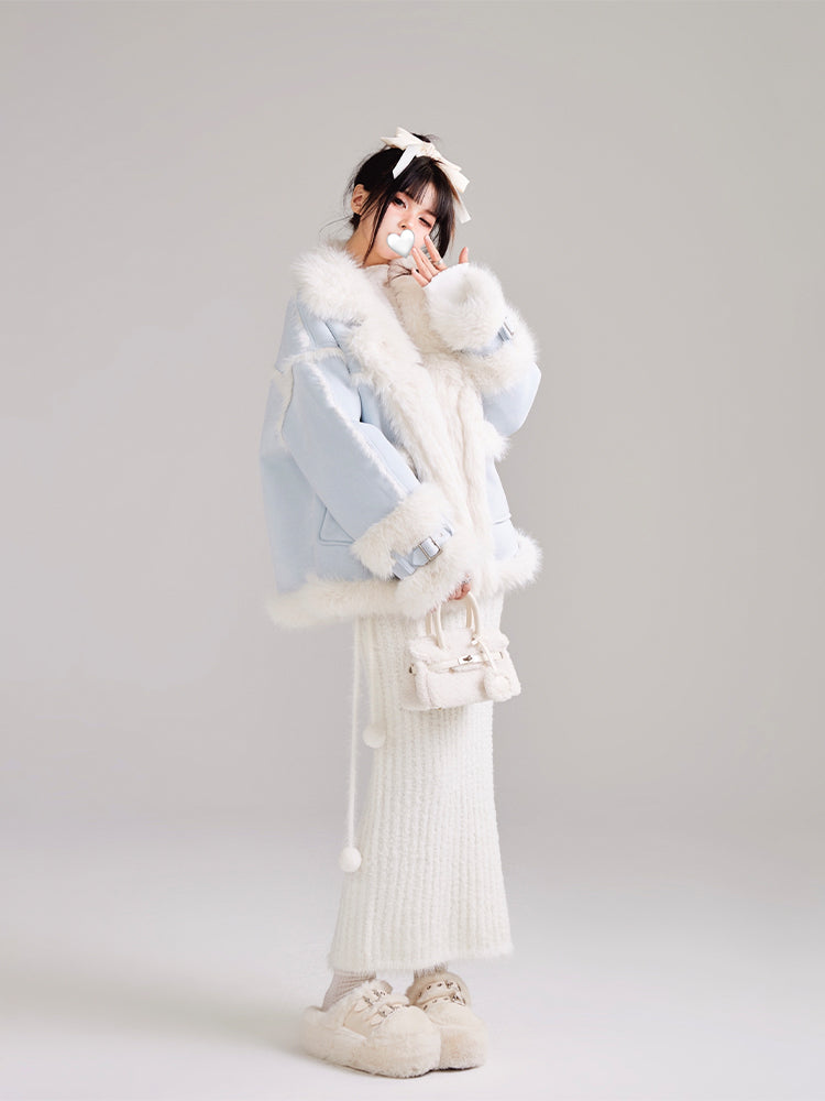 Plush Splicing Blue Fur Short Coat