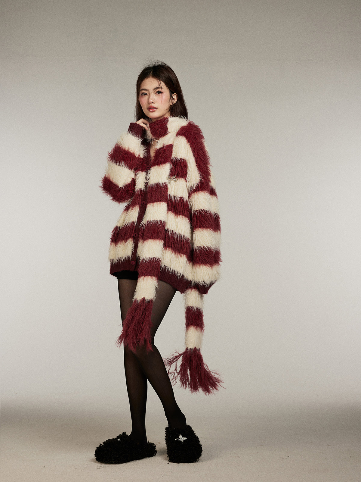 Long Fuzzy Knit Red Striped Scarf Sweater