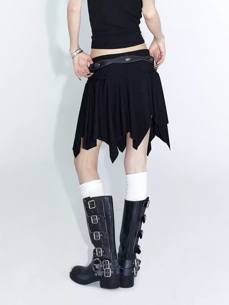 Black wide waist irregular short skirt