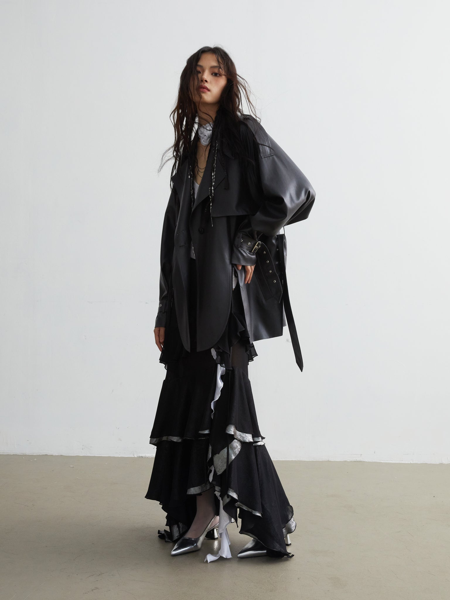 PU Leather Hem Slit Short Jacket Windbreaker