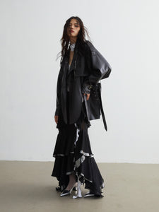 PU Leather Hem Slit Short Jacket Windbreaker