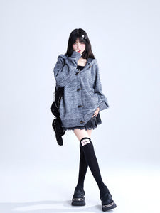 Loose Casual Knitted Grey Rabbit Ear Hoodie