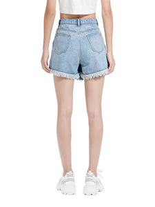 Fake two-piece washed denim shorts