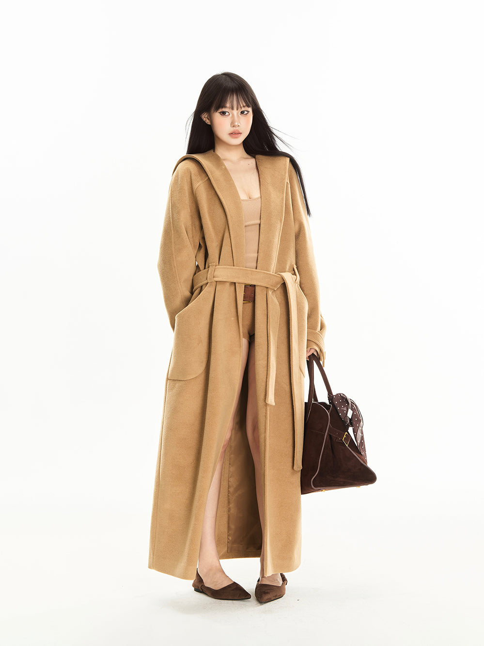 Elegant Belted Long Woolen Overcoat