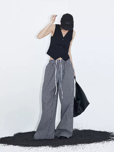 Striped contrast color drawstring casual pants