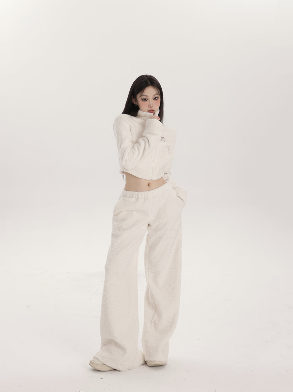 Plush High-Neck Jacket & Low-Waist Wide-Leg Pants