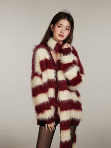 Long Fuzzy Knit Red Striped Scarf Sweater