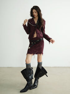 Romantic Rock Girl Angora Red Distressed Fringe Tweed Short Skirt & Jacket