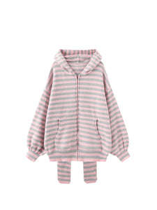 Striped Rabbit Ear Hooded Knitted Jacket