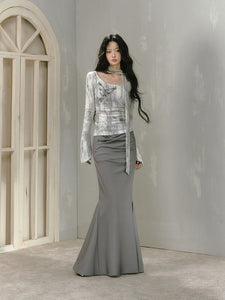 Grey Bow Pleated Skirt