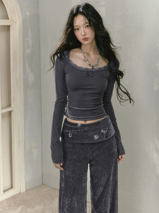 Black Textured Niche Elegant Loose Pants