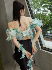 Long printed organza ruffled cropped top