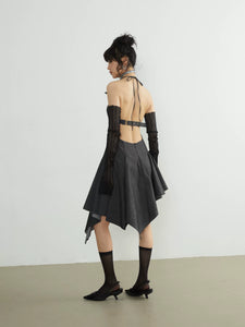 Retro Hepburn style irregular backless denim suspender skirt