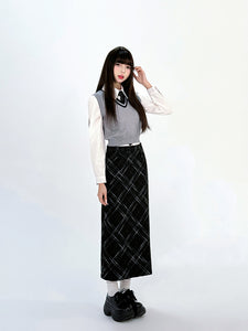 High Waisted Woolen Mid Length Skirt