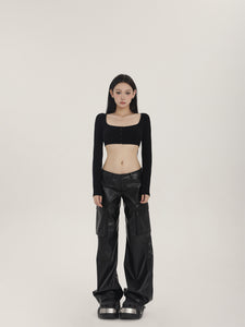 Low-Waist PU Leather Cargo Pants