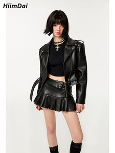 Vintage Oversized Biker-Style Leather Jacket & Skirt Set