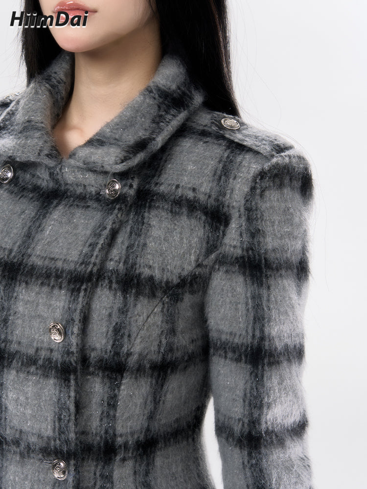 Gray plaid hourglass coat with wool stand up collar