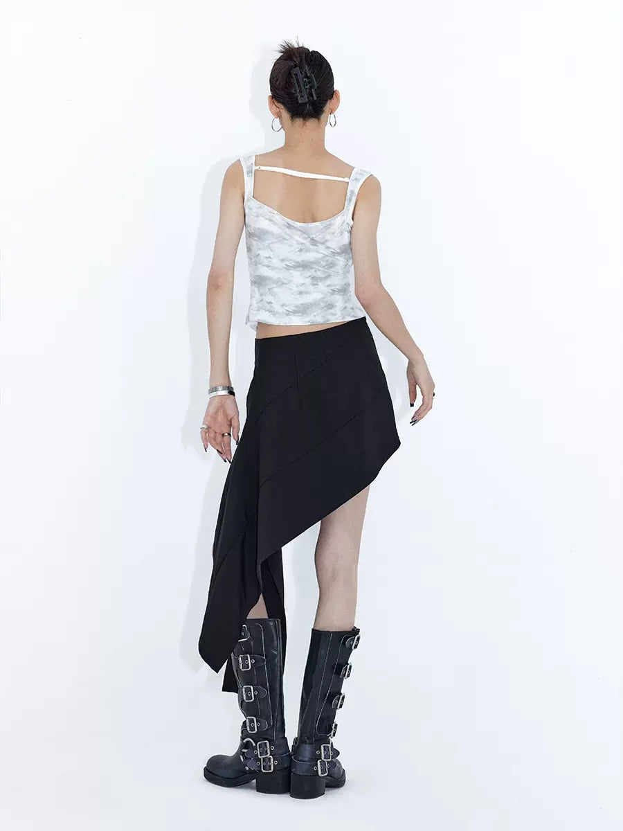 Slanted hem slit ribbon skirt