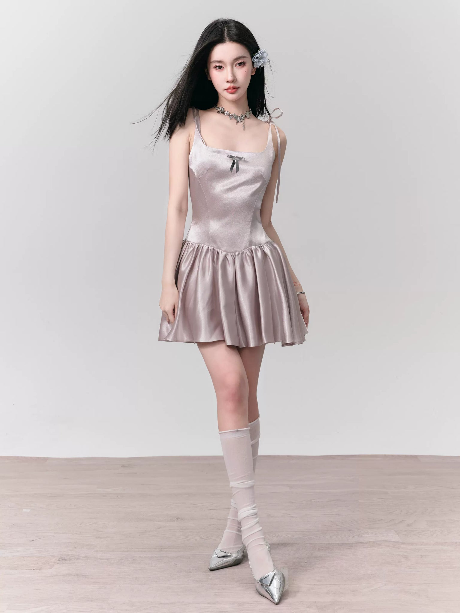 Champagne Latte Silver Powder Streamer Holiday Suspender Princess Dress